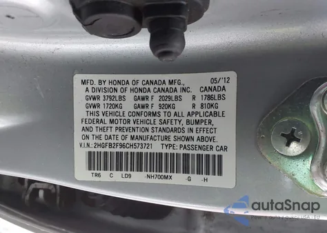 2012 Honda Civic Ex-L from USA, damaged, VIN 2HGFB2F96CH573721